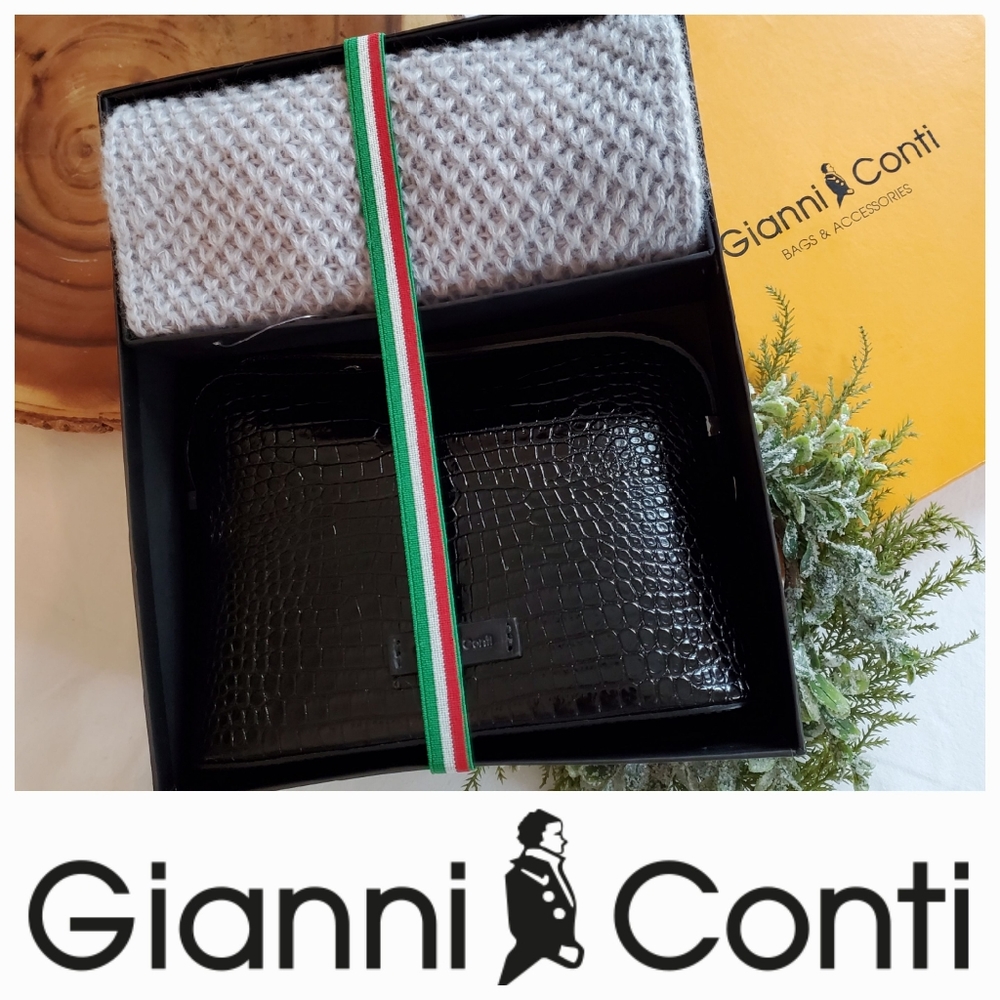 Gianni Conti Italian Black Leather Crocodile Print Crossbody Purse & Scarf Set